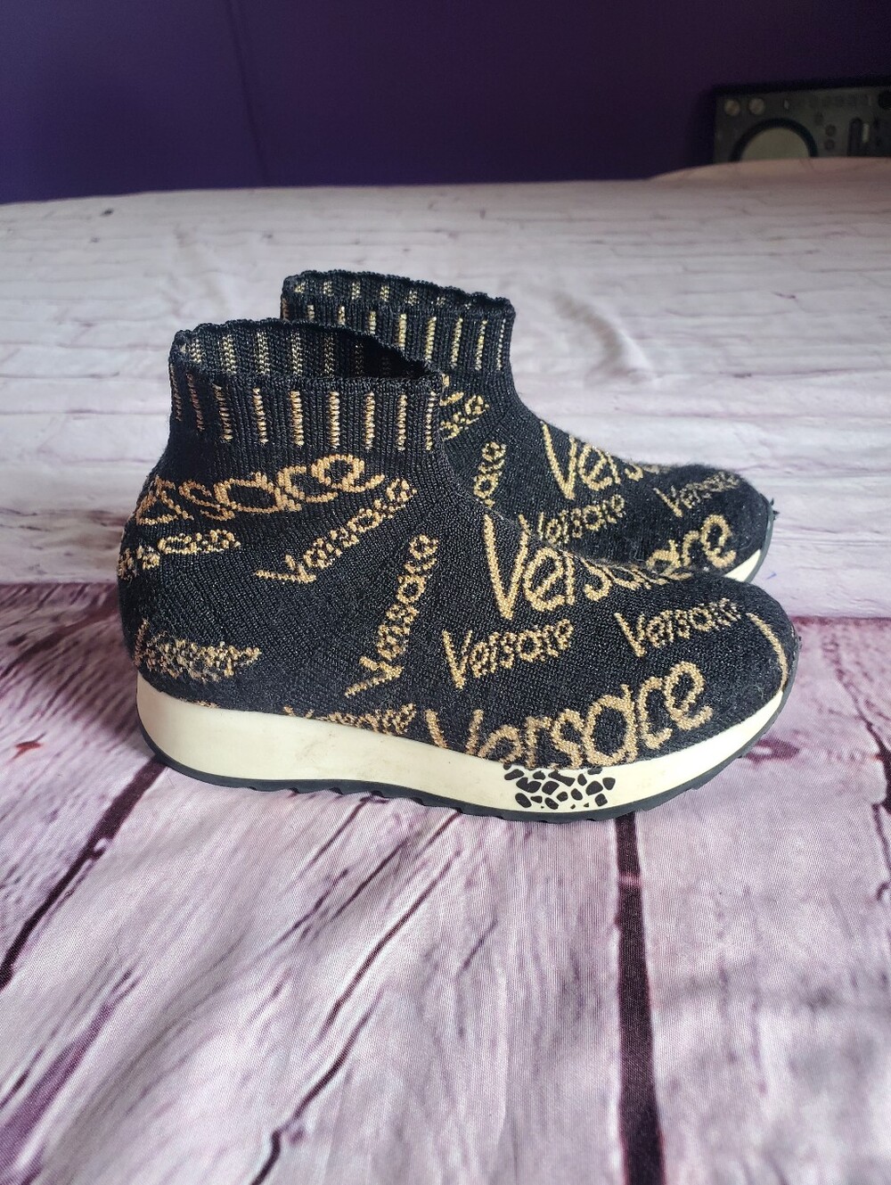 Versace Toddler Sneakers Shoes Sz 26 Sock-fit Knit Slip-on Ankle Black &‎ Golden